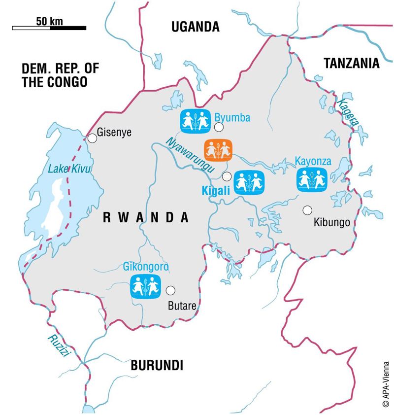 Fjölskyldueflingin okkar í Rúanda er þar sem appelsínugula SOS merkið er á kortinu.