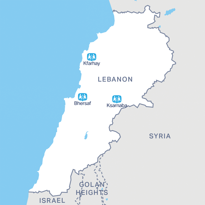 Staðsetningar SOS barnaþorpanna í Líbanon. Behrsaf er næst höfuðborginni Beirút.